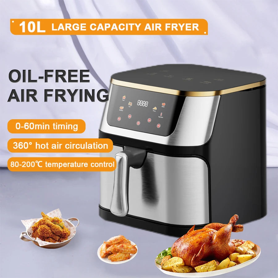 Friteuse à air chaud grande capacité 10 L, appareil électroménager multifonctionnel carré avec écran tactile numérique.