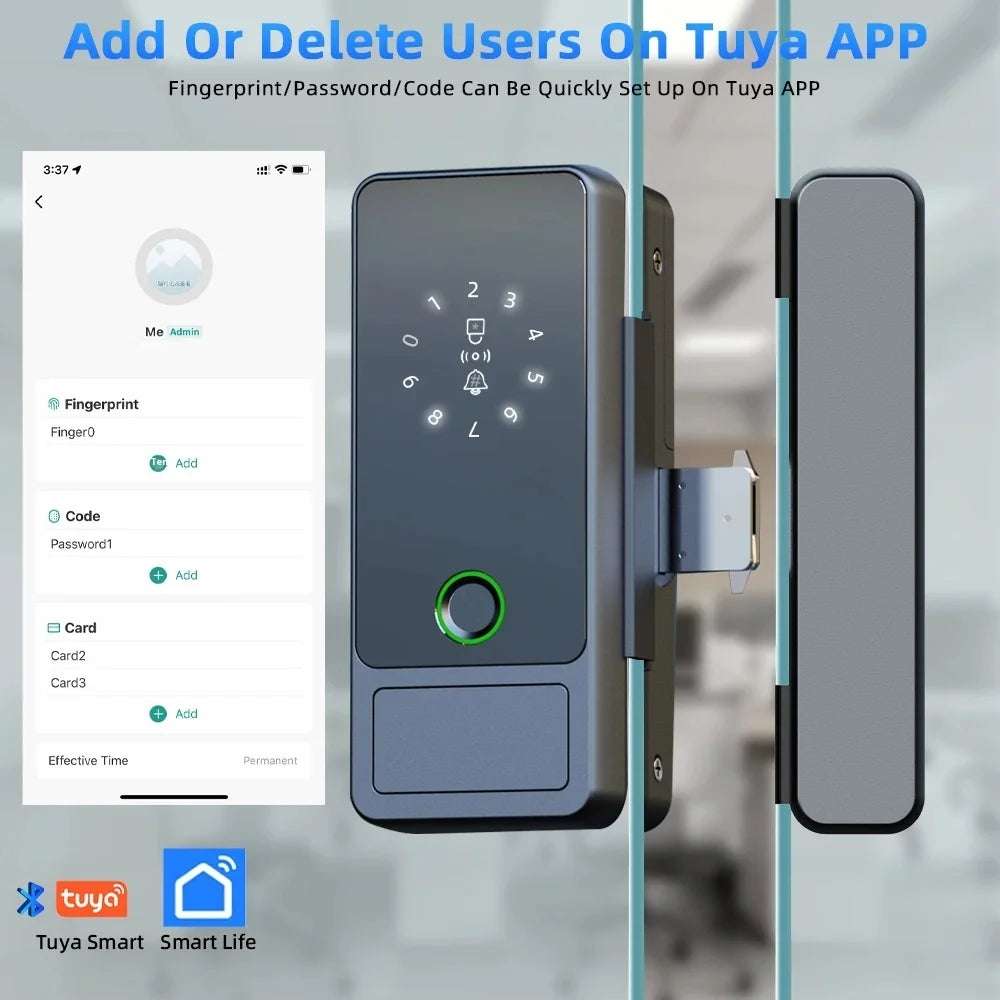 Serrure connectée Tuya Wifi pour porte en verre, déverrouillage par empreinte numérique, application, carte à puce ou mot de passe.