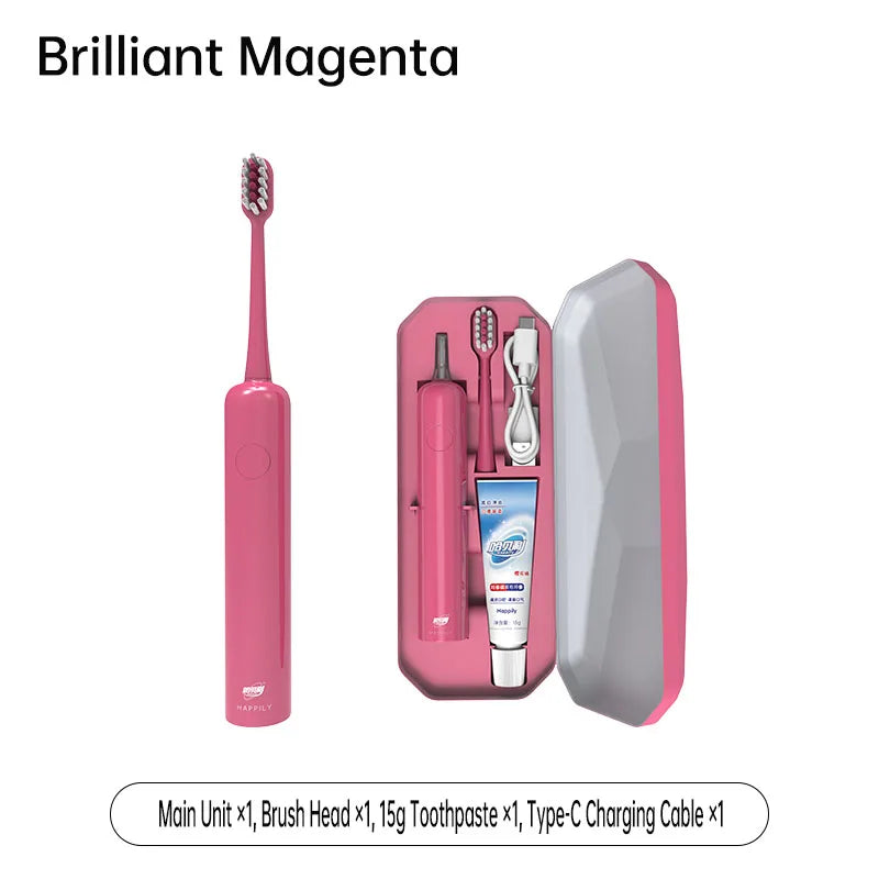 Brosse à dents vibrante Happily, IPX7, charge Type-C, autonomie 90 jours, 3 modes, blanchiment