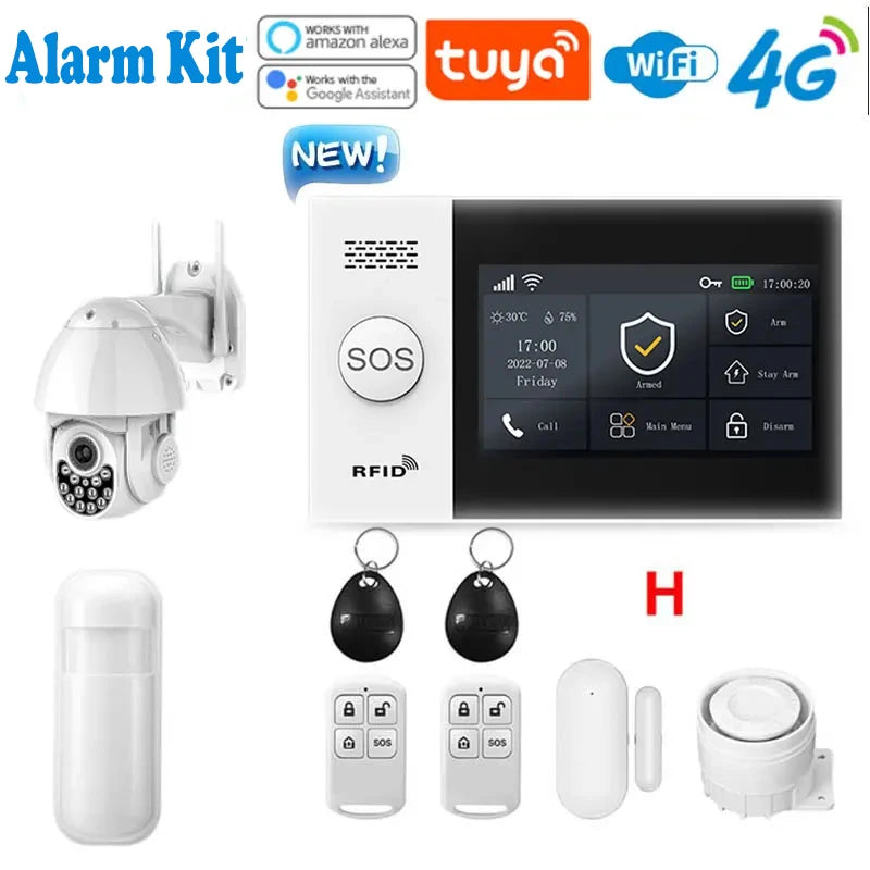Système d'alarme de sécurité pour maison connectée Tuya, compatible GSM avec écran tactile, 4G, Wi-Fi et 433 MHz, matériau ABS, contrôlable via Alexa et l'application Smart Life.