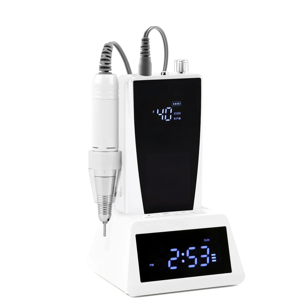 Kit de ponceuse à ongles électrique 45 W à balais de carbone, faible vibration, 40 000 tr/min, avec batterie externe et station de base horloge.