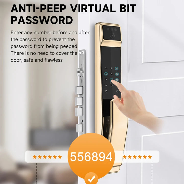 Serrure de porte biométrique numérique UIELOCK QB40 avec reconnaissance faciale et veines de la paume, empreinte numérique et connexion Wi-Fi Tuya, caméra et sonnette intégrées.