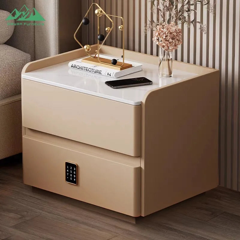 Table de Nuit Luxe Wayon – Charge Sans Fil, Enceinte BT, 2 Tiroirs & Verrou Empreinte
