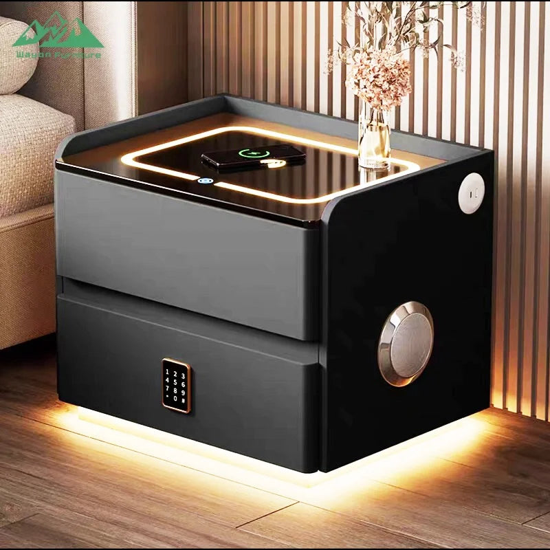 Table de Nuit Luxe Wayon – Charge Sans Fil, Enceinte BT, 2 Tiroirs & Verrou Empreinte