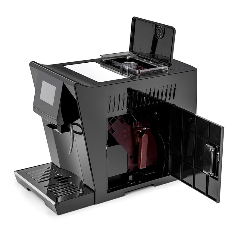 Distributeur automatique de café expresso compact à grains, prêt à l'emploi.