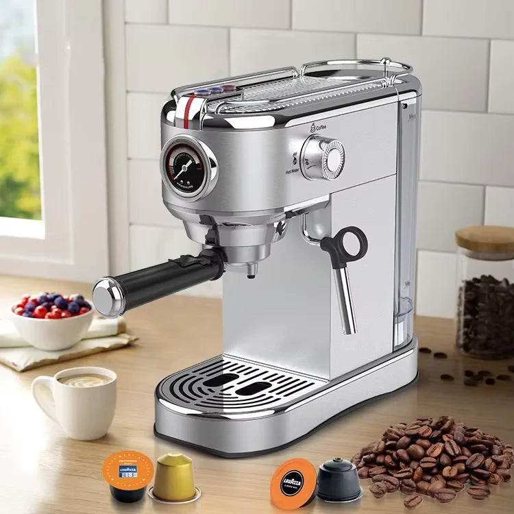 Machine à café expresso professionnelle avec mousseur à lait et vapeur, compacte, électrique, en acier inoxydable argenté