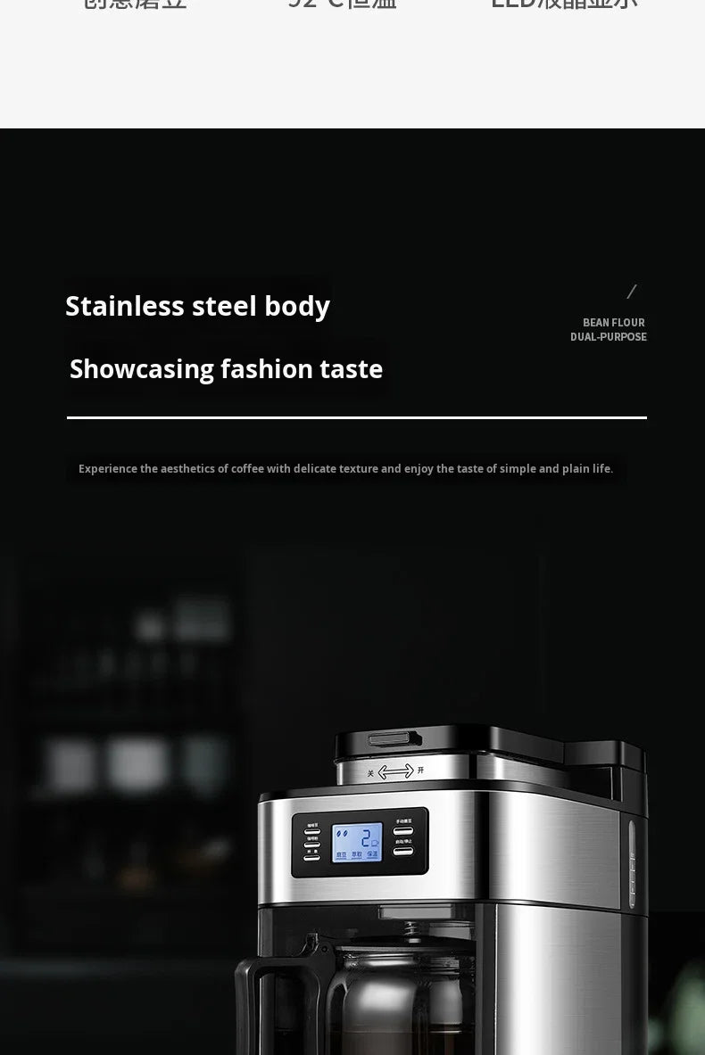 Machine à café automatique en acier inoxydable avec broyeur intégré, style américain, compact, idéal pour la cuisine, le bureau ou l'hôtel.