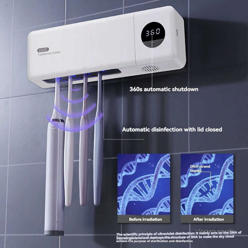 Stérilisateur de brosses à dents UV, porte-brosse à dents rechargeable par USB, affichage numérique intelligent, organisateur mural pour salle de bain.