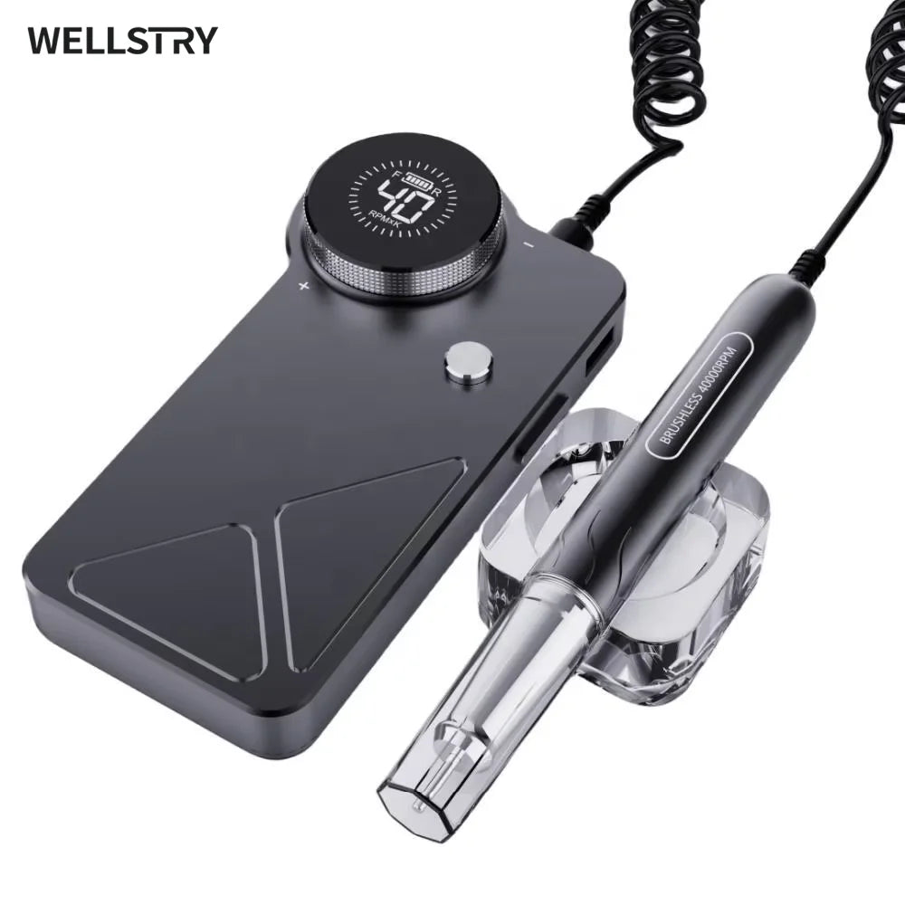 WELLSTRY Nouvelle arrivée Perceuse à ongles portable rechargeable sans balais 40000 tr/min Embouts en tungstène et acier inoxydable