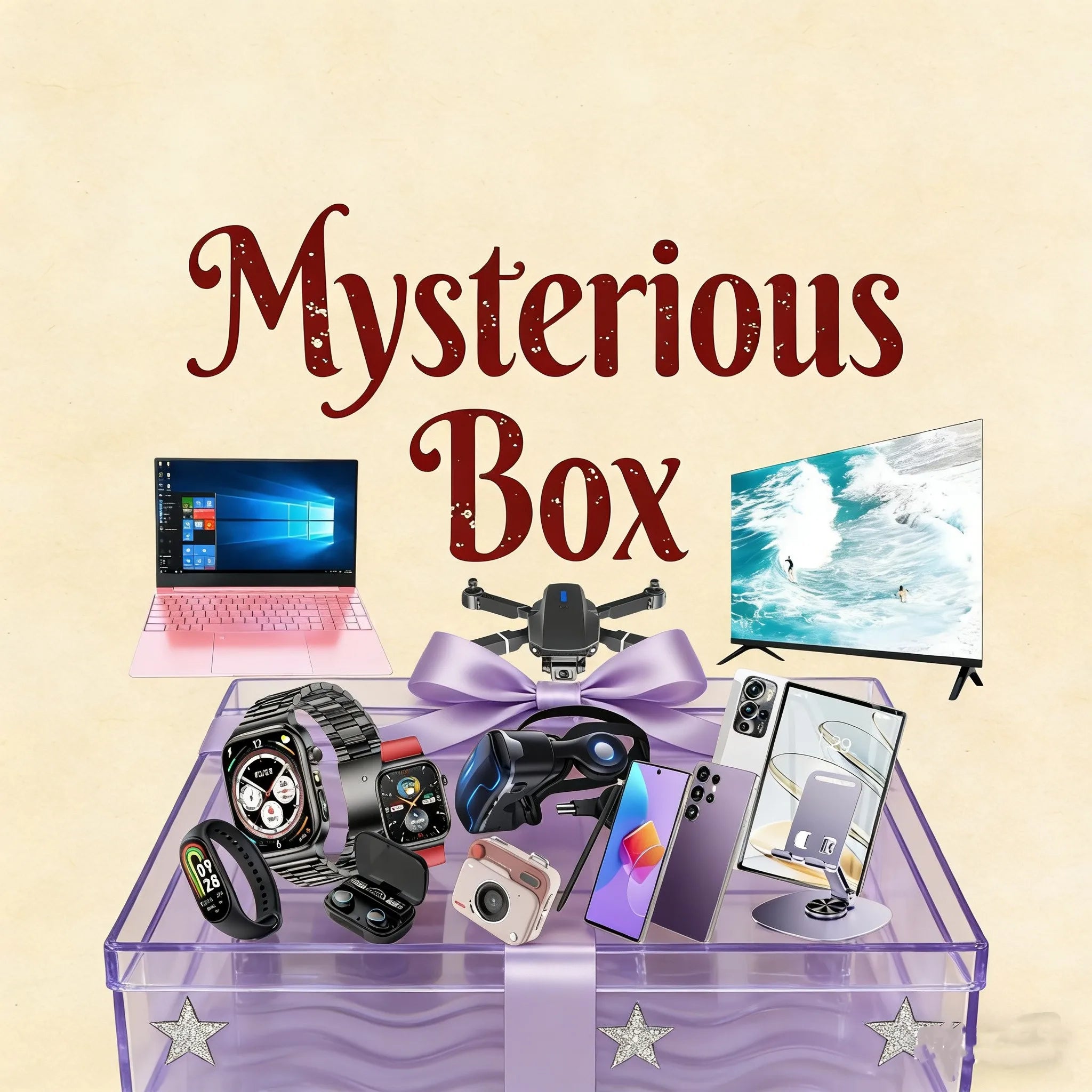 Box Mystère Blind Box 3C – Smartphone 5G, Tablette, Ordinateur portable, Montre, Écouteurs Surprise
