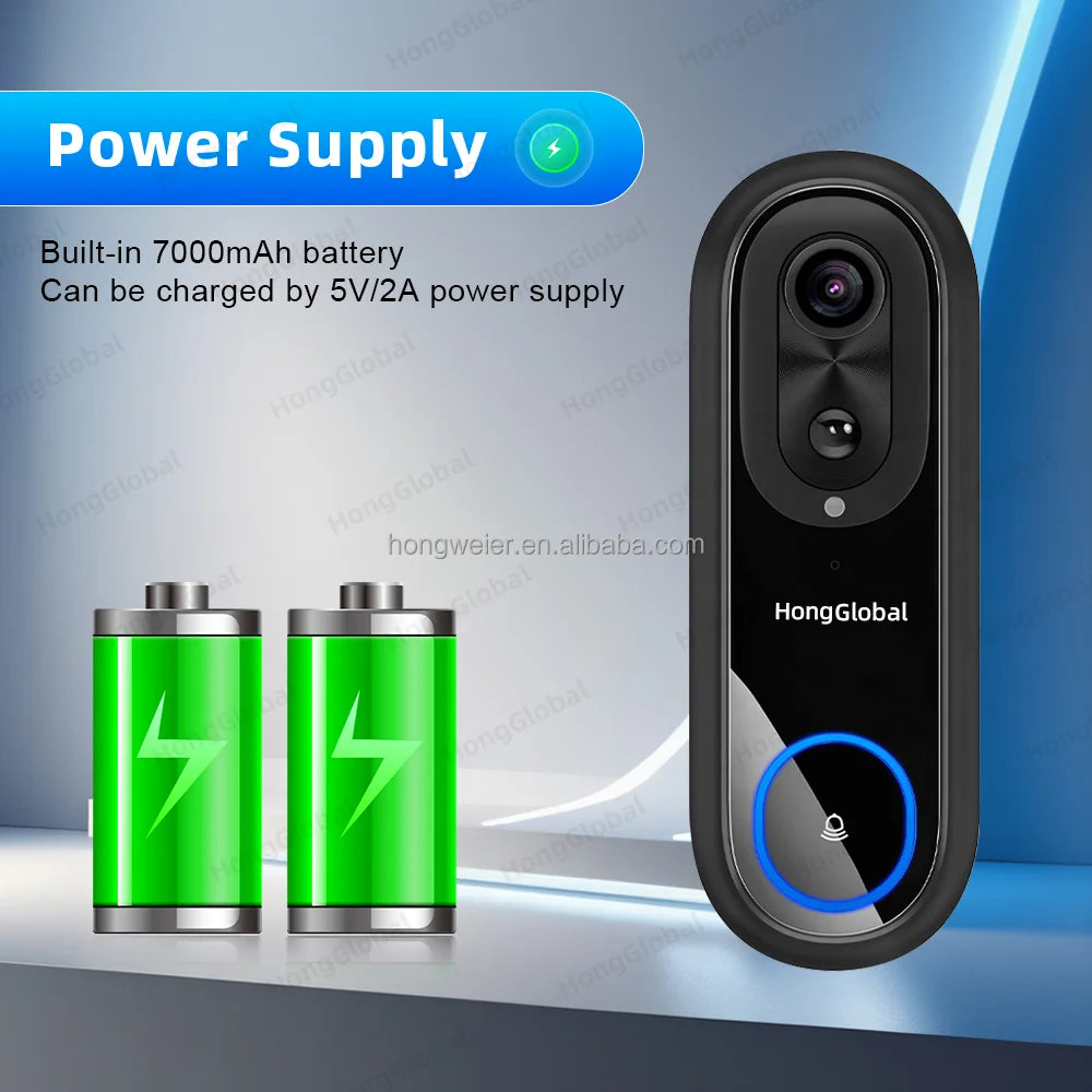 Sonnette vidéo sans fil connectée HongGlobal 2MP extérieure 2,4 GHz/5 GHz WiFi avec batterie, compatible Smartlife et Tuya.