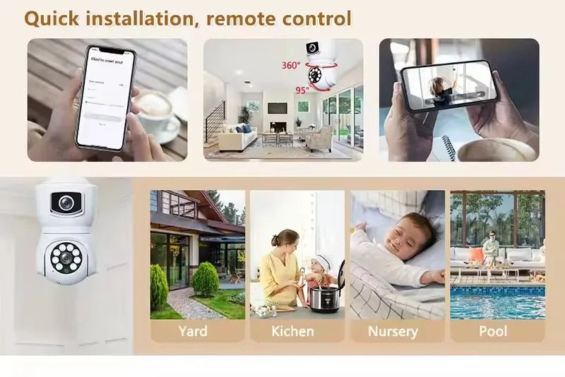 Caméra de vidéosurveillance V380 PRO E9 à double objectif CMOS 1080p avec prise en charge WiFi, carte mémoire et caméra PTZ intégrée à une ampoule.