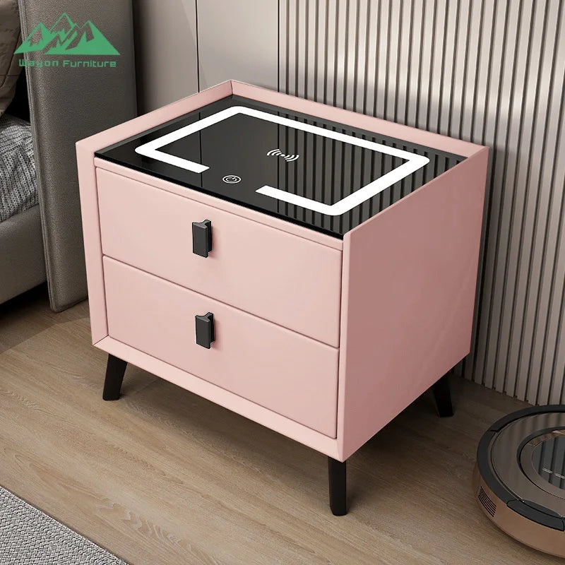 Table de Nuit Surélévée Wayon – Charge Sans Fil, Enceinte BT, 2 Tiroirs & Sécurité Empreinte
