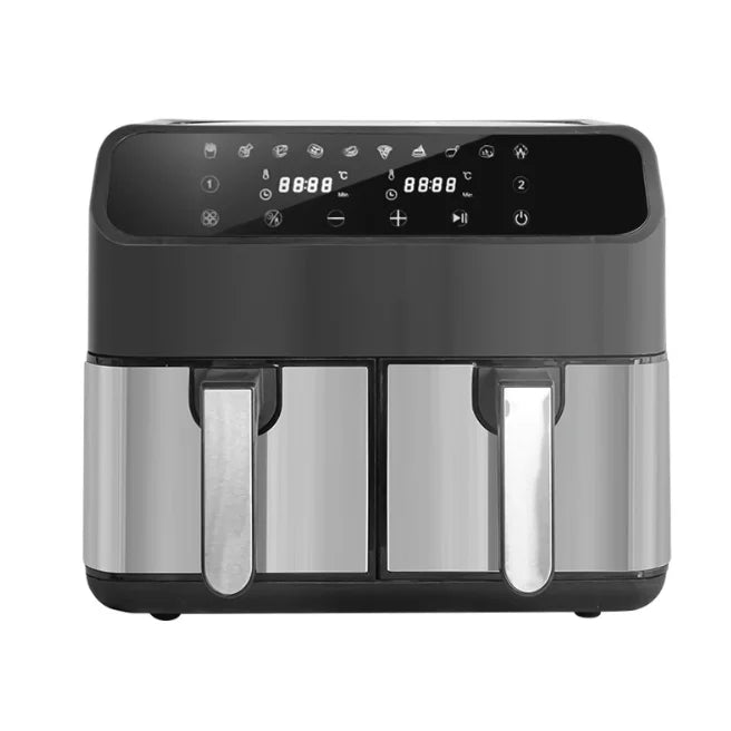 Friteuse à air chaud multifonctionnelle à double cuve de grande capacité (8 L) en acier inoxydable, avec commandes tactiles et double compartiment.