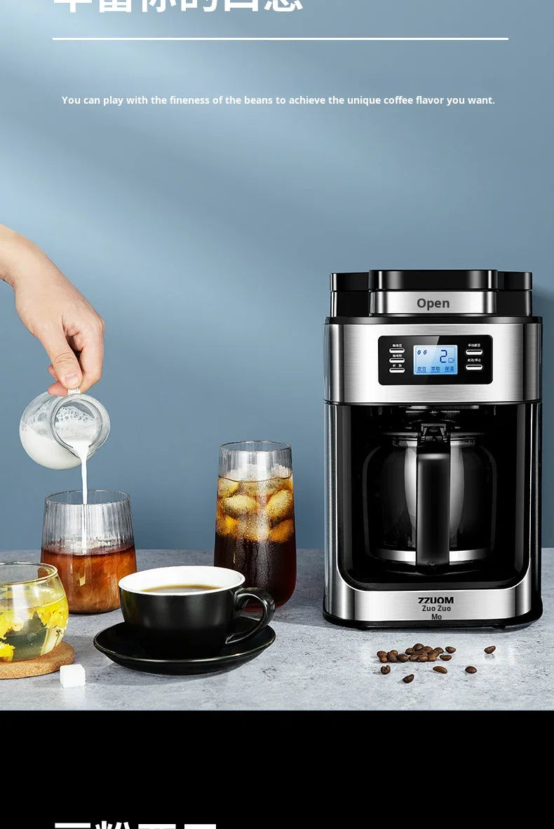 Machine à café automatique en acier inoxydable avec broyeur intégré, style américain, compact, idéal pour la cuisine, le bureau ou l'hôtel.
