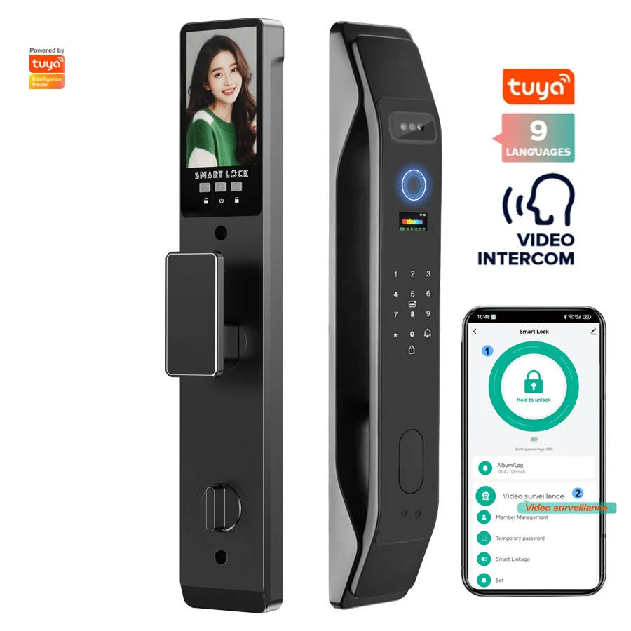 Serrure de porte intelligente Tuya : déverrouillage par empreinte numérique, mot de passe, télécommande, mot de passe numérique virtuel, contrôle par application 3D faciale. Utilisation à domicile et à l'hôtel.