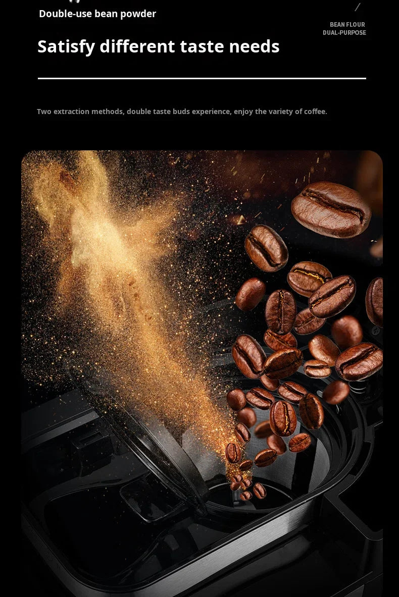 Machine à café automatique en acier inoxydable avec broyeur intégré, style américain, compact, idéal pour la cuisine, le bureau ou l'hôtel.