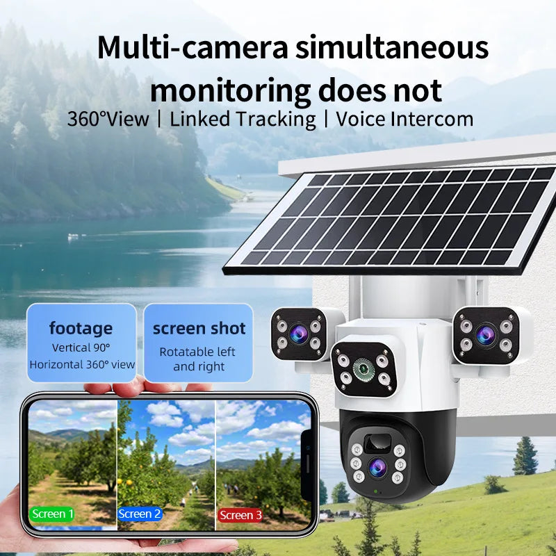 Caméra de Surveillance Eseecloud 6 MP | PTZ, Triple Objectif, 4G Sans Fil, Vision Nocturne et Solaire