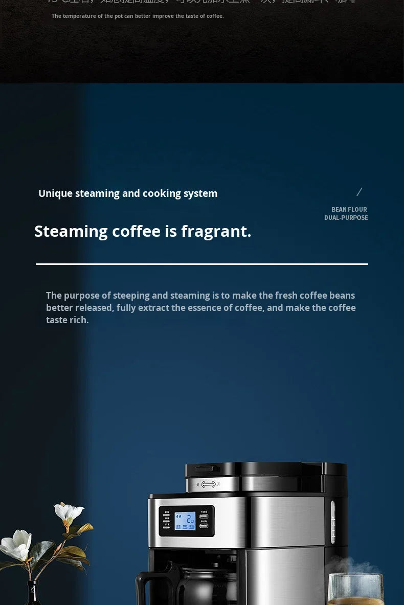 Machine à café automatique en acier inoxydable avec broyeur intégré, style américain, compact, idéal pour la cuisine, le bureau ou l'hôtel.