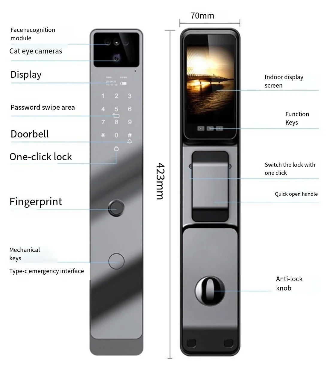Serrure connectée Tuya avec reconnaissance faciale 3D et lecteur d'empreintes numériques automatique, compatible avec les portes en bois et aluminium, et dotée d'une sonnette et d'un réseau Wi-Fi.