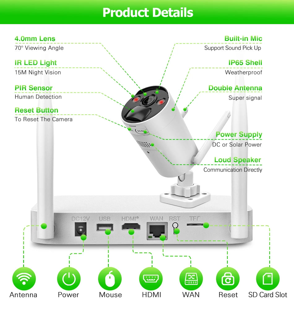 Kit NVR solaire WiFi MR-9508, 8 canaux, 3 MP, IP66, écran 10,1 pouces, H.265, 6 To