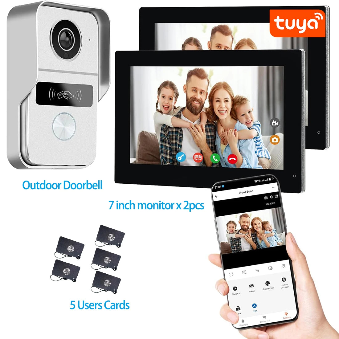 Système d'interphone vidéo filaire avec 2 caméras et 2 moniteurs, écran tactile 7 pouces, déverrouillage à distance et communication bidirectionnelle.