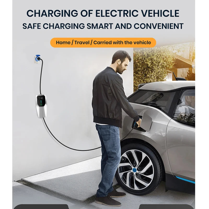 Chargeur mural portable Junsun pour véhicules électriques de type 2, 3,5 kW, avec contrôleur de charge, 16 A et prise CEE de 4 m.