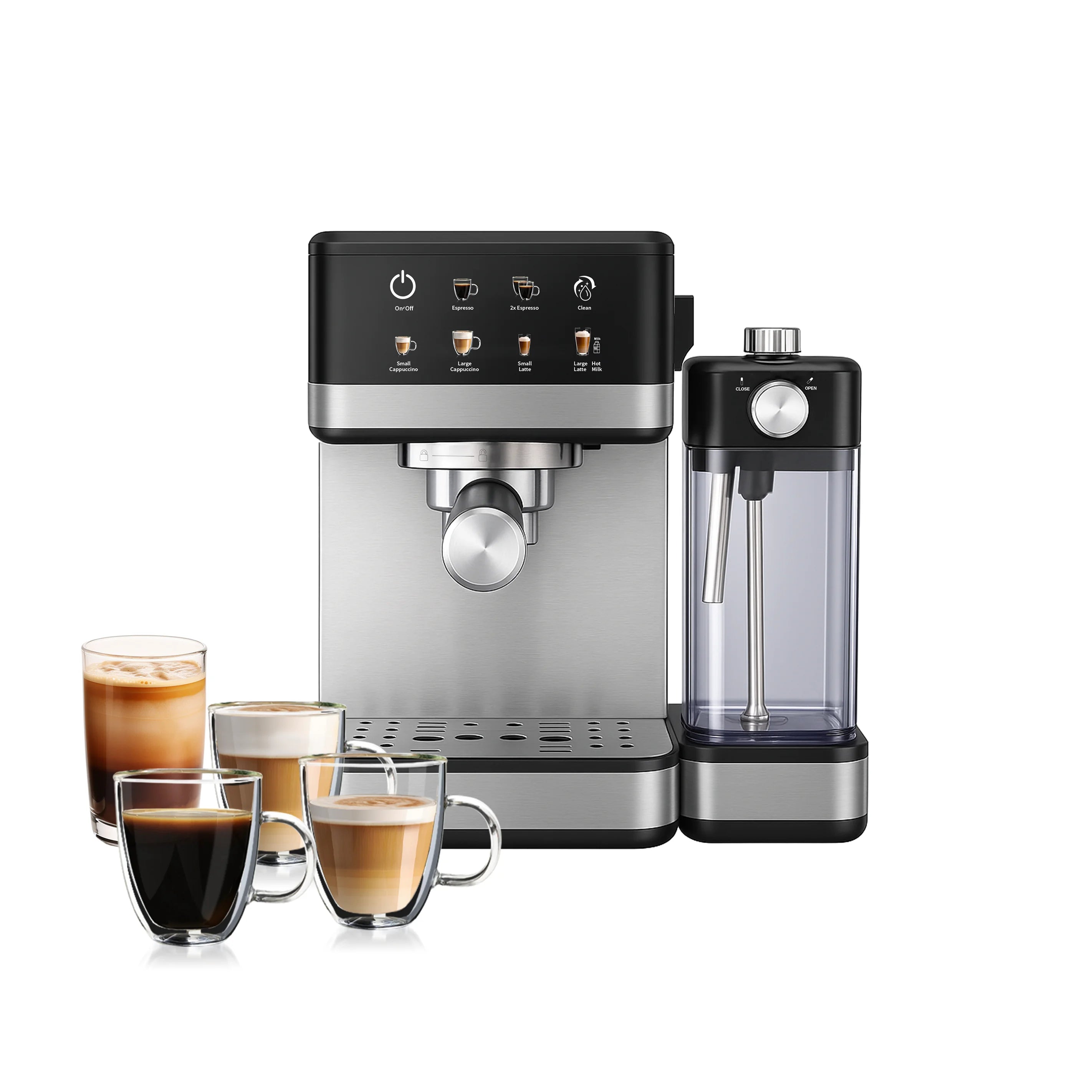 Machine à café expresso numérique semi-automatique 15 bars avec menu tactile et réservoir à lait mousseur, usage domestique