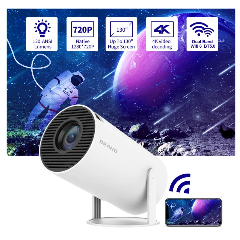Projecteur JJ HY300 Mini – 4K, 1600 Lumens, Android 11, WiFi 6 & HP Intégrés