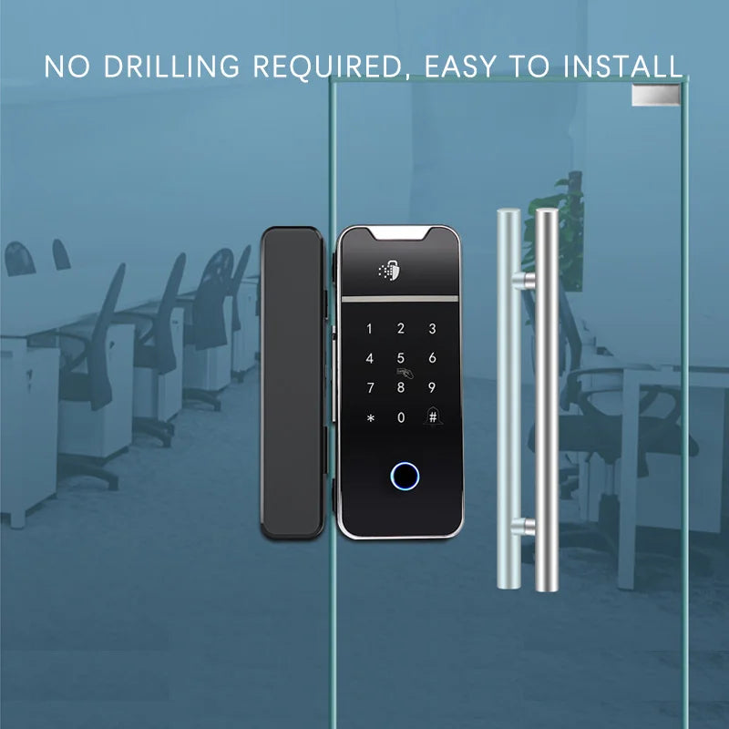 Serrure intelligente Bluetooth TTLOCK économique et populaire pour portes vitrées sans cadre, sans clé, avec lecteur d'empreintes numériques numérique, idéale pour la sécurité des bureaux.