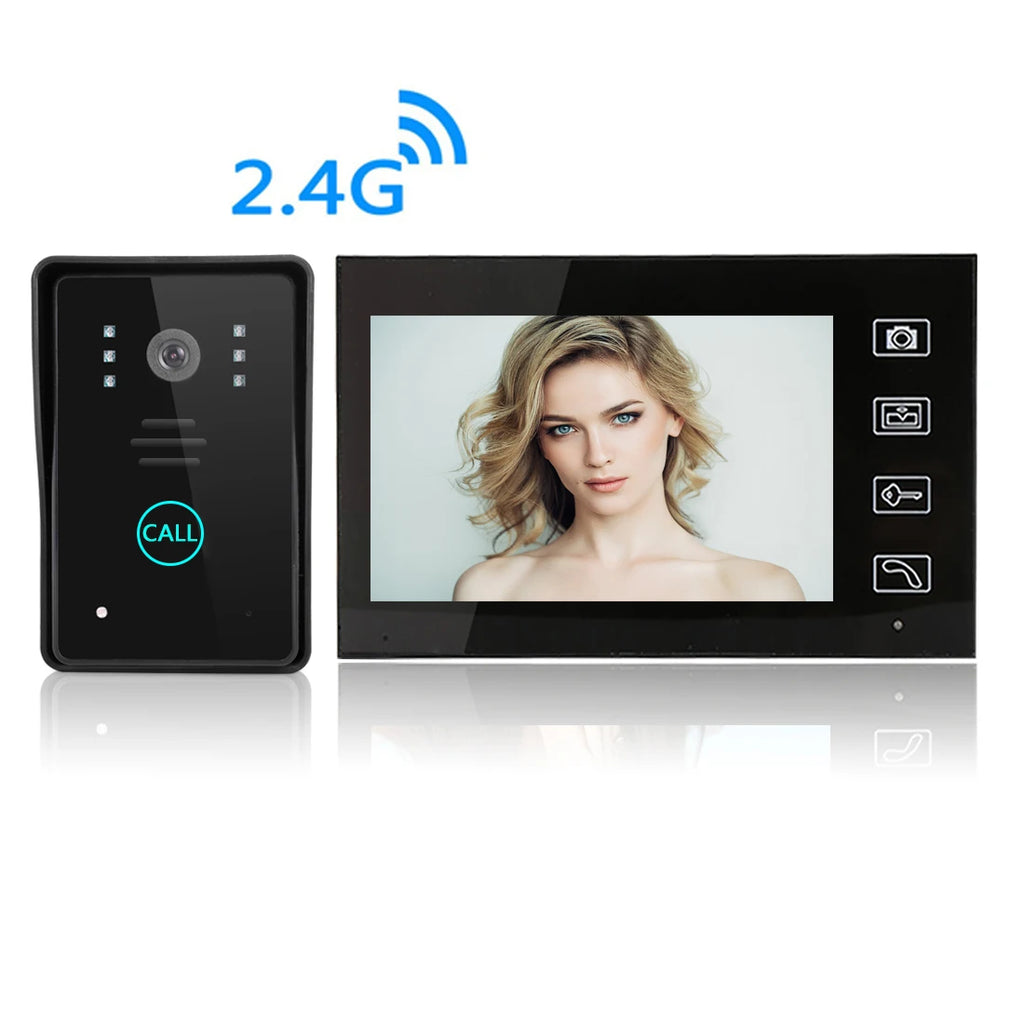 Interphone vidéo sans fil 2,4 GHz avec écran couleur TFT 7 pouces et fonction d'appel et de déverrouillage.