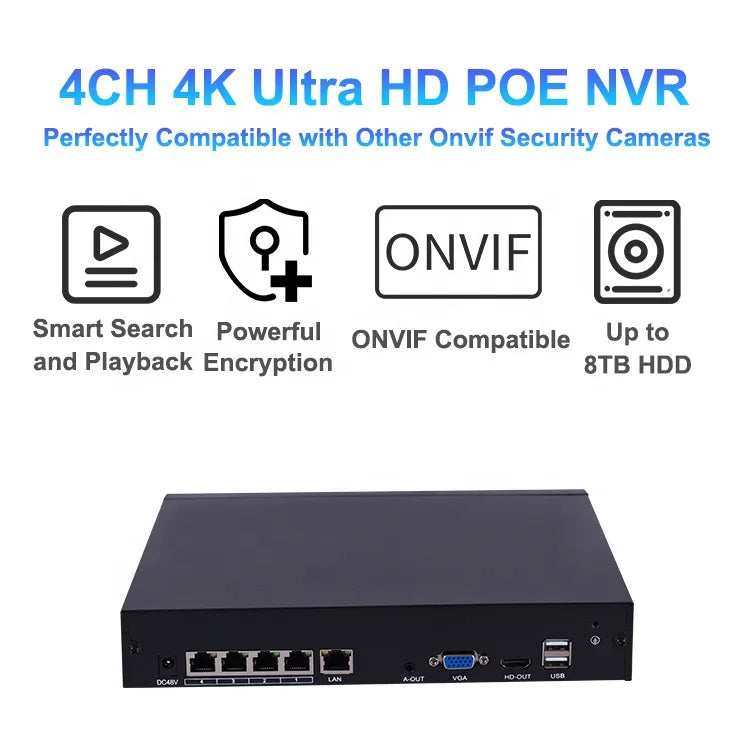 Kit NVR 4K YGHT TST04, 4 canaux, H.265+, ONVIF, 14 To max, audio bidirectionnel, Seetong