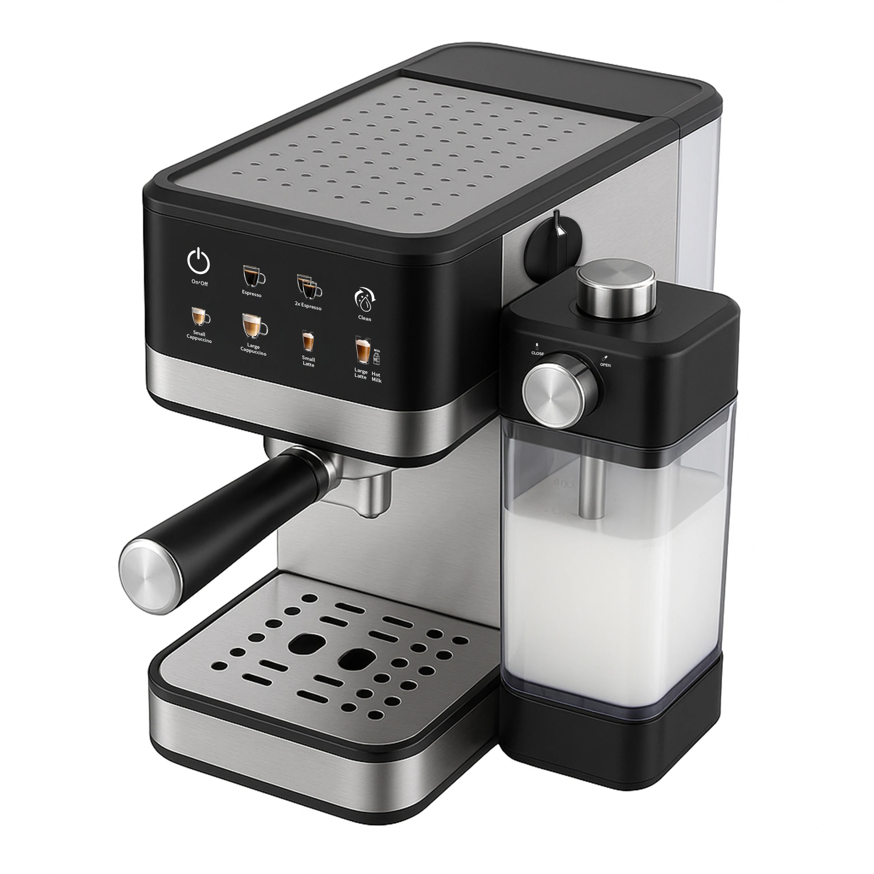 Machine à café expresso numérique semi-automatique 15 bars avec menu tactile et réservoir à lait mousseur, usage domestique