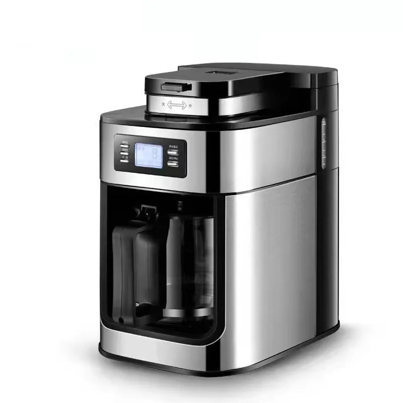 Machine à café automatique pour bureau et maison, en acier inoxydable, style filtre américain, design compact et facile à utiliser.