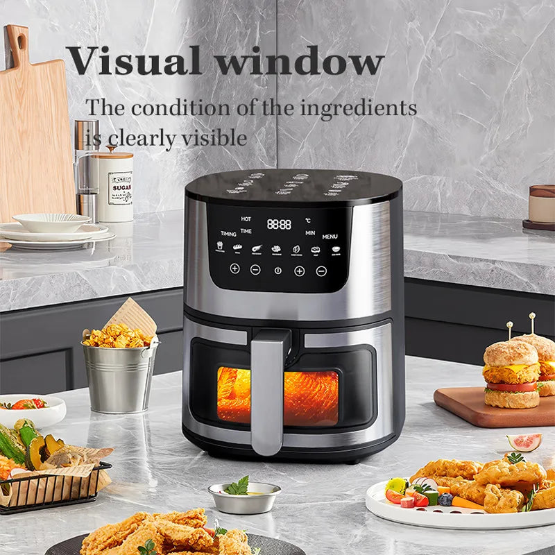 Friteuse à air chaud en acier inoxydable, capacité 5-6 L, 2400 W, quatre électriques intelligentes à commande tactile.