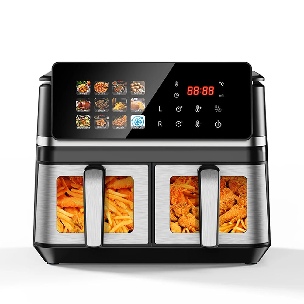 Friteuse à air chaud Factory Custom 2000W à double panier en verre et acier inoxydable, grande capacité (15 litres)