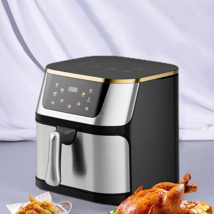 Friteuse à air chaud grande capacité 10 L, appareil électroménager multifonctionnel carré avec écran tactile numérique.