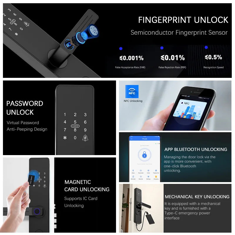 Serrure connectée Dapiyang A77, WiFi, Tuya/TTlock, empreinte/carte/code/app, sonnette intégrée