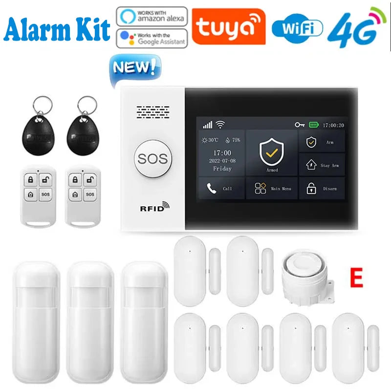 Système d'alarme de sécurité pour maison connectée Tuya, compatible GSM avec écran tactile, 4G, Wi-Fi et 433 MHz, matériau ABS, contrôlable via Alexa et l'application Smart Life.