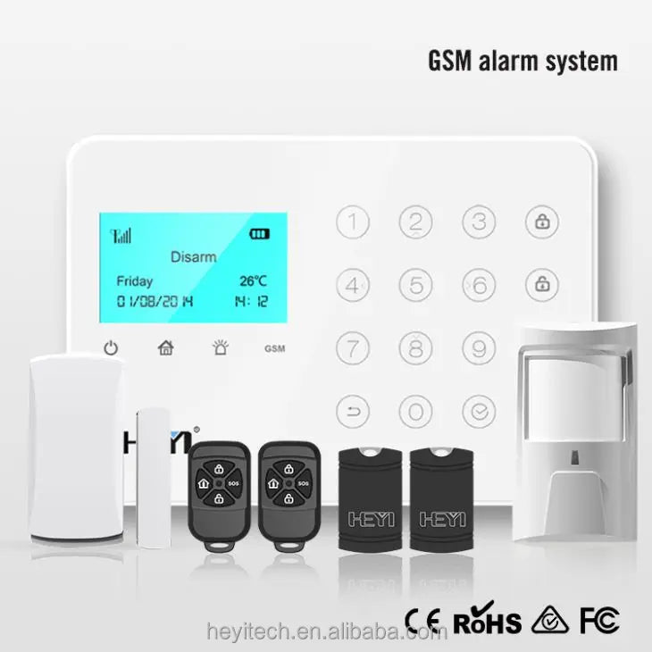 Alarme antivol sans fil GSM blanche HEYI avec détecteur de fumée 868 MHz et 433 MHz Z-Wave, garantie 2 ans et 8 heures.
