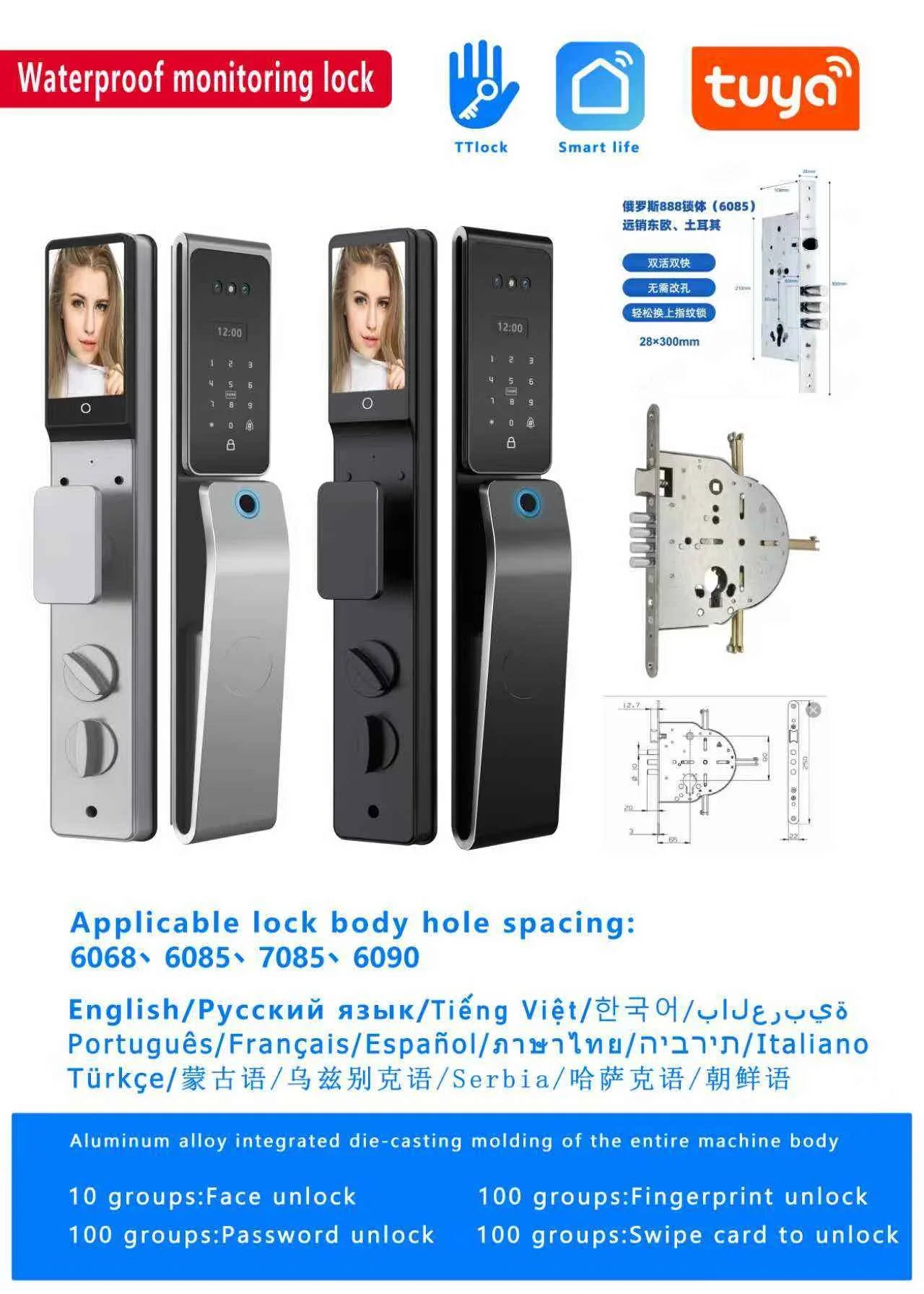 Serrure connectée Tuya entièrement automatique de haute qualité avec reconnaissance faciale et palmaire, étanche, pour mortaise 6068/85.
