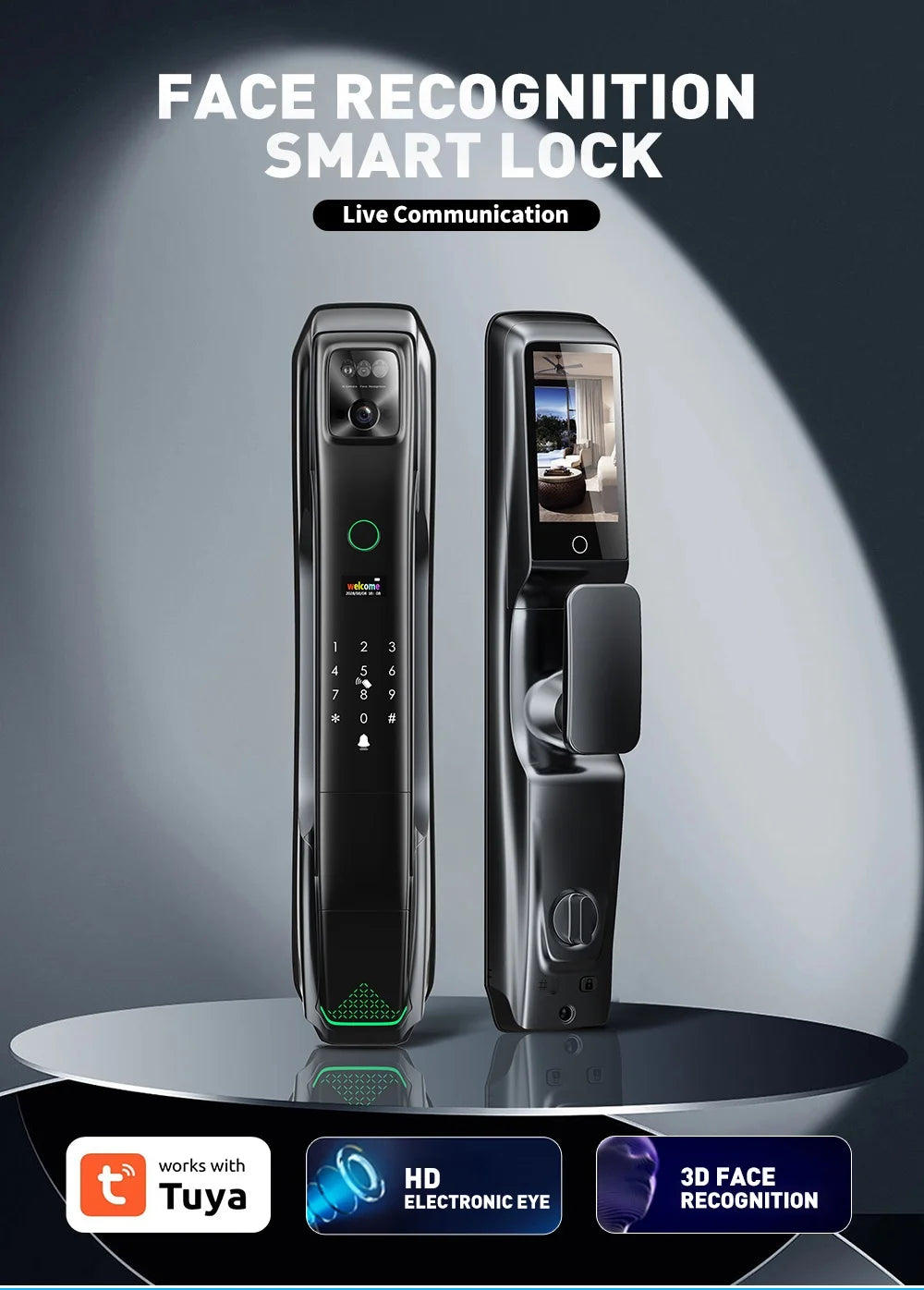 Serrure de porte automatique en bois noir 6085 avec caméra de reconnaissance faciale 3D, interphone vidéo 9 langues et connexion Wi-Fi Tuya 6068.