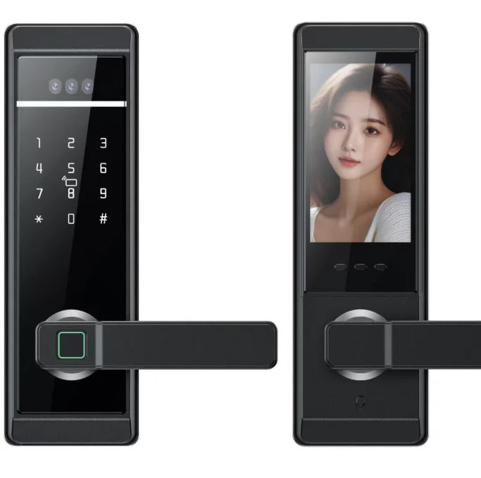 Serrure de porte d'entrée intelligente Tuya avec reconnaissance faciale et empreinte numérique, stockage cloud et sonnette intégrée pour aluminium, bois, verre et acier
