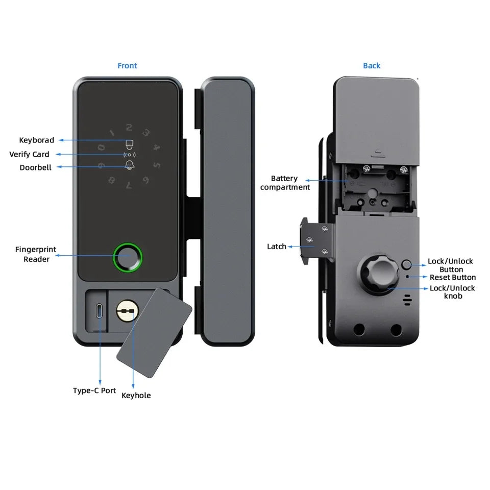 Serrure connectée Tuya Wifi pour porte en verre, déverrouillage par empreinte numérique, application, carte à puce ou mot de passe.