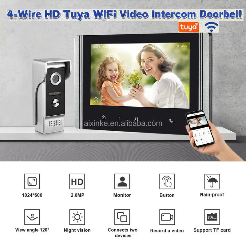 Interphone vidéo Tuya avec caméra et écran 7 pouces (2 MP) pour villa ou appartement.