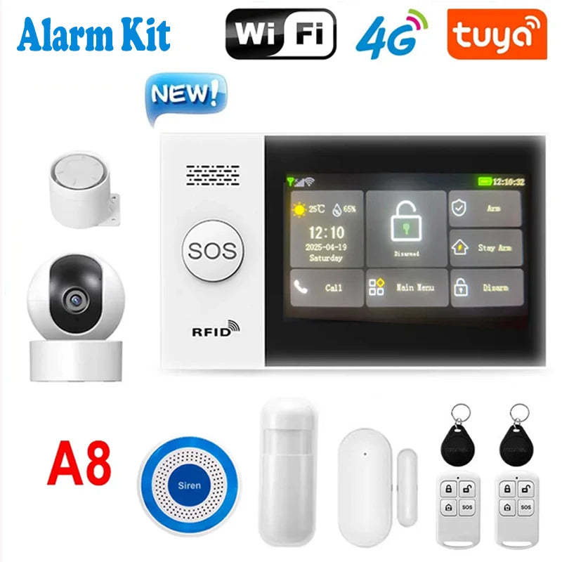 Système d'alarme de sécurité pour maison connectée Tuya, compatible GSM avec écran tactile, 4G, Wi-Fi et 433 MHz, matériau ABS, contrôlable via Alexa et l'application Smart Life.