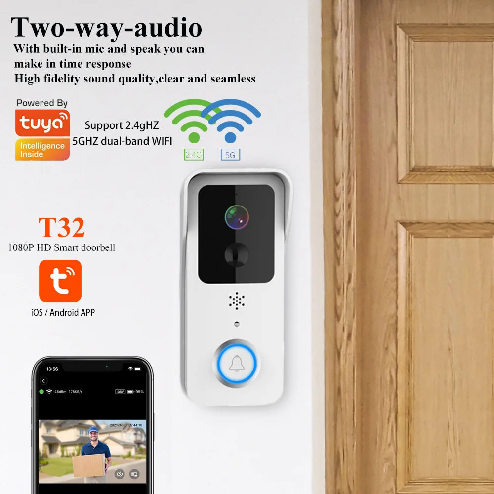 Sonnette vidéo sans fil Wi-Fi S4A T31 avec caméra, compatible avec la maison connectée Tuya Smart Home pour la sécurité et la détection de mouvement PIR.