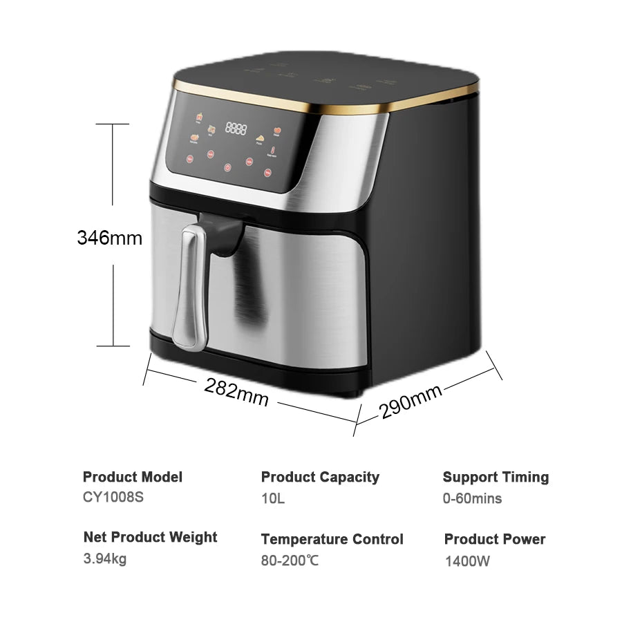 Friteuse à air chaud grande capacité 10 L, appareil électroménager multifonctionnel carré avec écran tactile numérique.