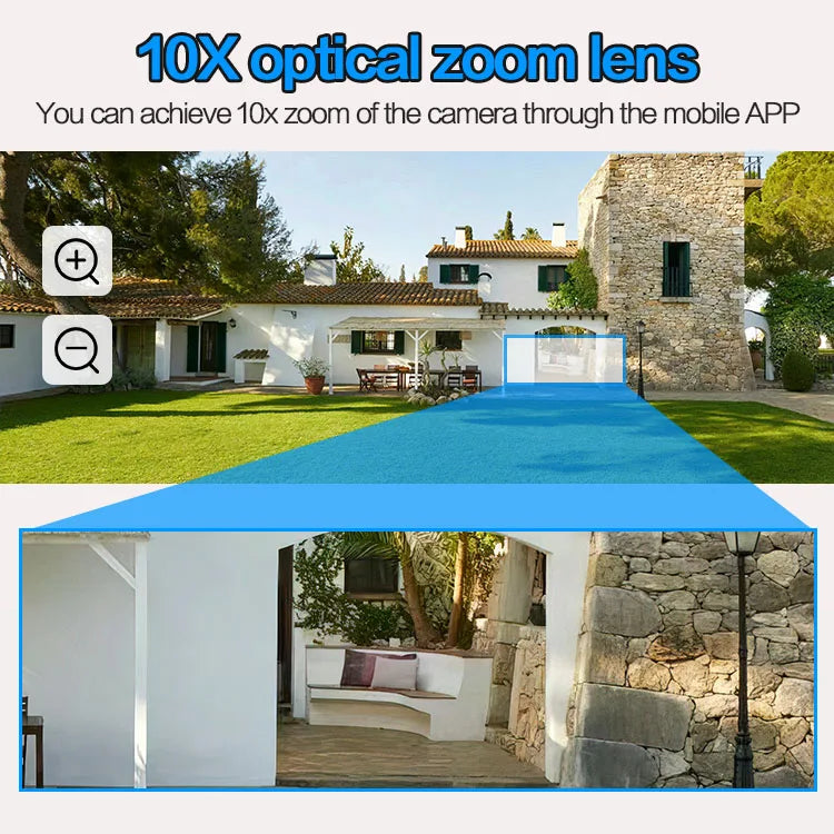 Caméra de surveillance extérieure 8K 16MP Wi-Fi 360 PTZ avec cinq objectifs, quatre écrans, zoom optique 10x, suivi automatique et réseau sans fil.