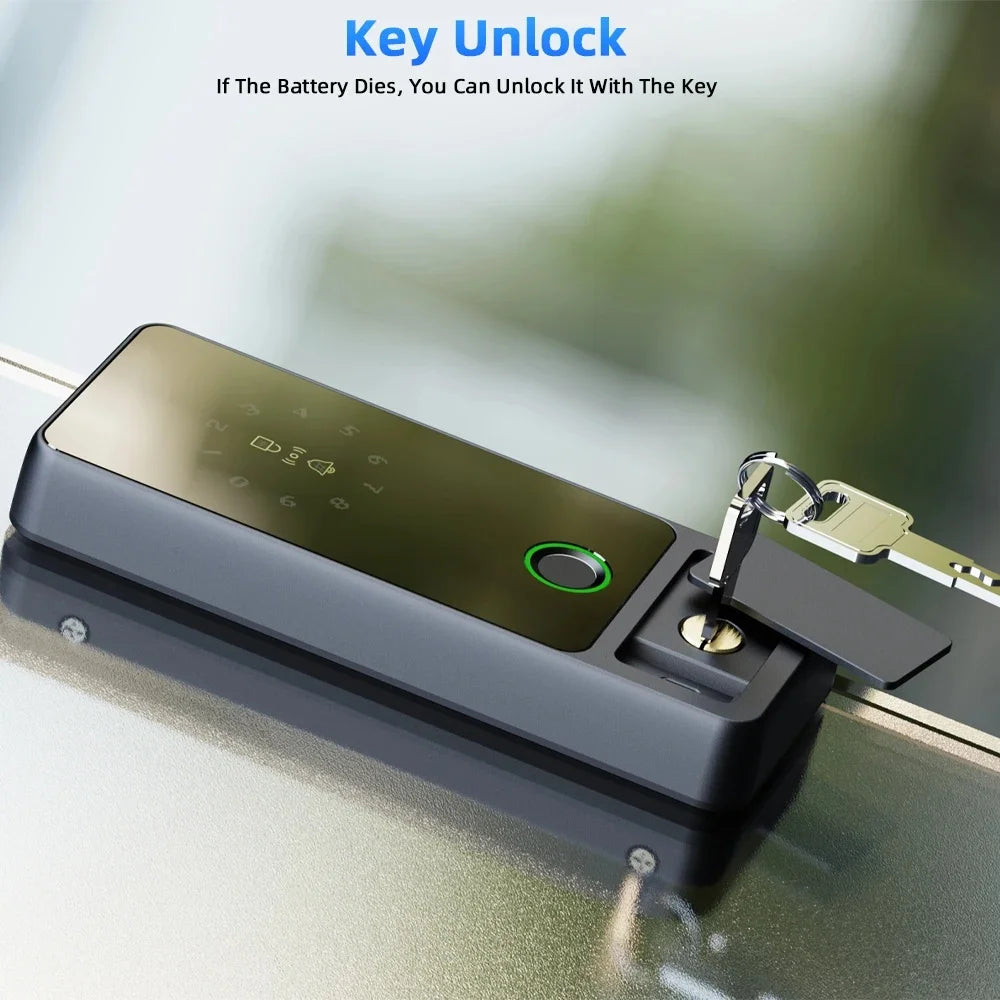 Serrure connectée Tuya Wifi pour porte en verre, déverrouillage par empreinte numérique, application, carte à puce ou mot de passe.